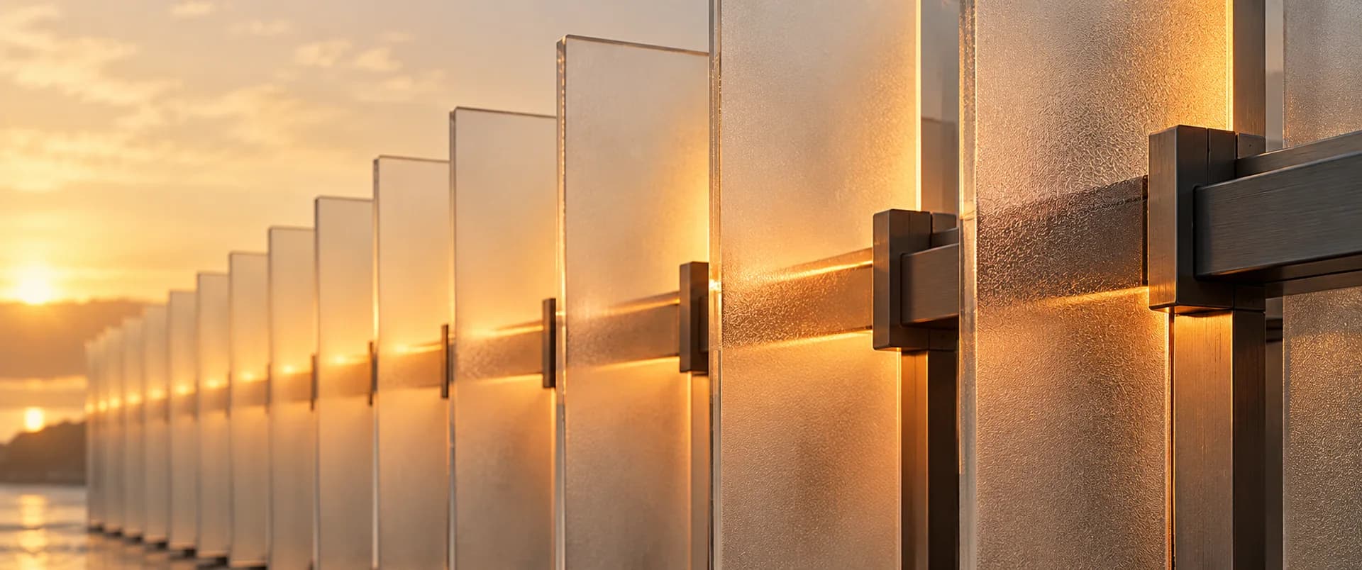 Frosted glass and precision metalwork connected by a line of warm light.